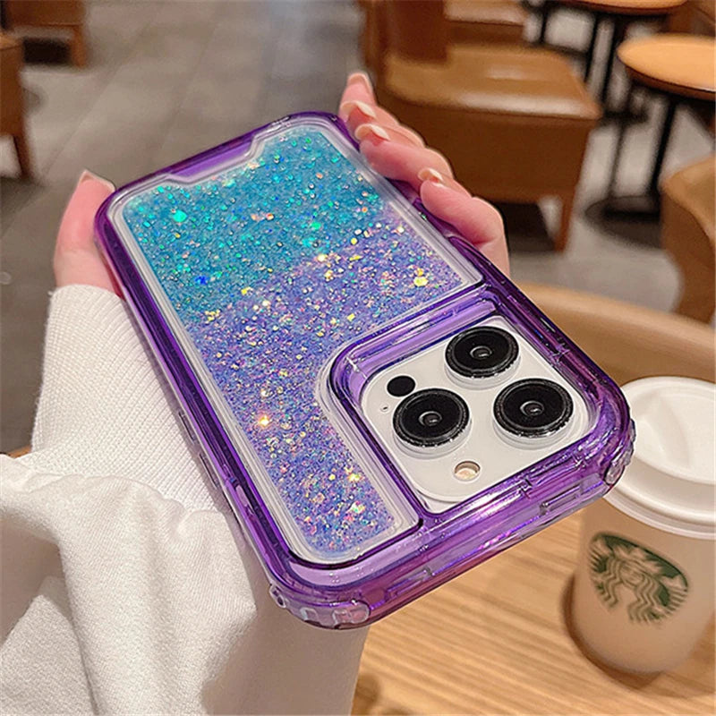 3in1 Gradient Glitter Bling Transparent Phone Case For iPhone 17 16 15 14 11 12 13 Pro Max Plus XR Heavy Shockproof Armor Cover