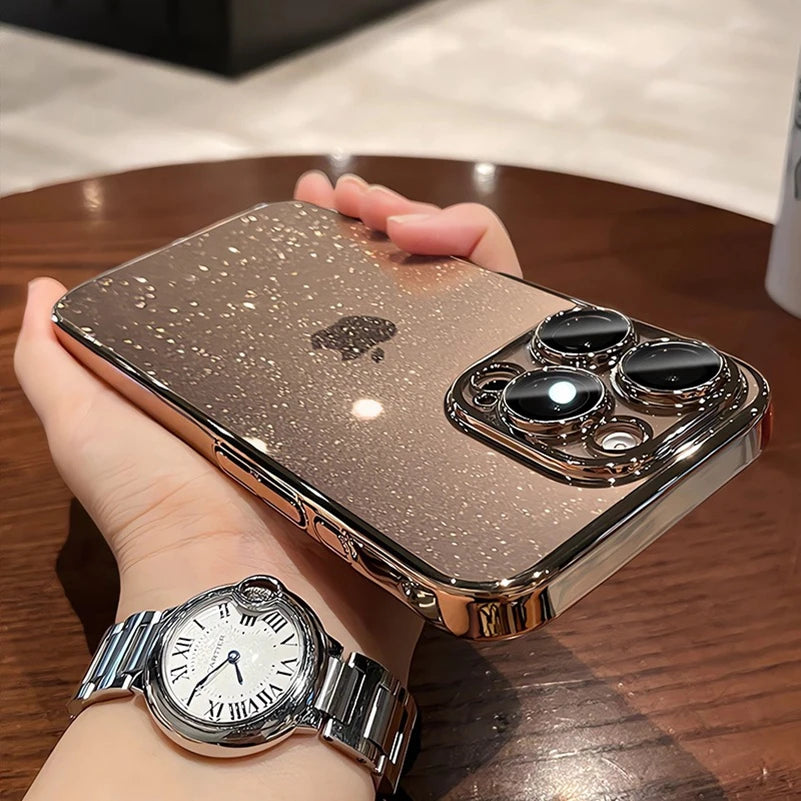 Luxury Glitter Transparent  PC Plating Case for iPhone 17 16 15 14 Pro Max Plus 13 11 12 Bling Clear Shockproof Ultra Slim Cover
