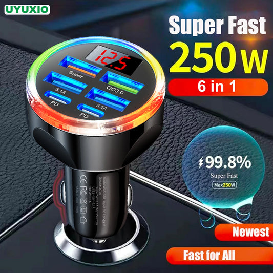 UYUXIO Dual PD USB C Car Charger Adapter 6 in 1 with Voltage Display Colorful Iight QC 4.0 PPS Super Fast Charge with Volt Meter