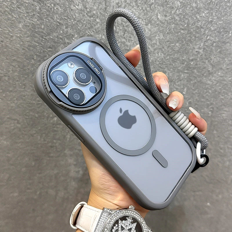 Fold Glass Lens Stand Magnetic Transparent Case For iPhone 17 16 15 14 13 12 11 Pro Max For Magsafe Wrist Strap Shockproof Cover