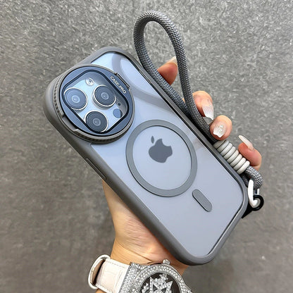 Fold Glass Lens Stand Magnetic Transparent Case For iPhone 17 16 15 14 13 12 11 Pro Max For Magsafe Wrist Strap Shockproof Cover