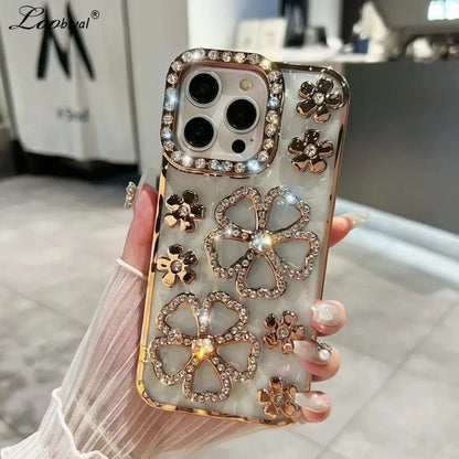 Glitter Diamond Flower Plating Case for iPhone 16 15 14 Pro Max 12 13 11 X Xr Xs 7 8 Plus Bling Rhinestone Soft TPU Clear Cover