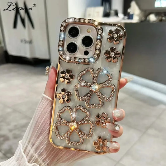 Glitter Diamond Flower Plating Case for iPhone 16 15 14 Pro Max 12 13 11 X Xr Xs 7 8 Plus Bling Rhinestone Soft TPU Clear Cover