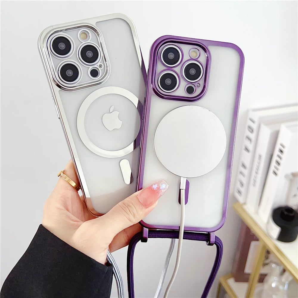 Luxury Necklace Cord Rope Lanyard Plating Magnetic Clear Phone Case For iPhone 16 14 11 12 13 15 17 Pro Max For Magsafe Cover
