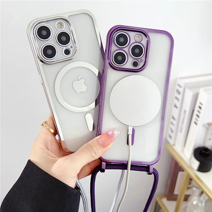 Luxury Necklace Cord Rope Lanyard Plating Magnetic Clear Phone Case For iPhone 16 14 11 12 13 15 17 Pro Max For Magsafe Cover