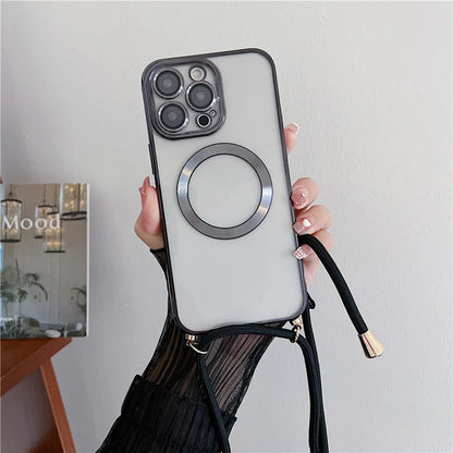 Plating Clear Magnetic For Magsafe Wireless Charging Cases For iPhone 16 15 14 17 12 13 Pro Max Crossbody Lanyard Necklace Cover