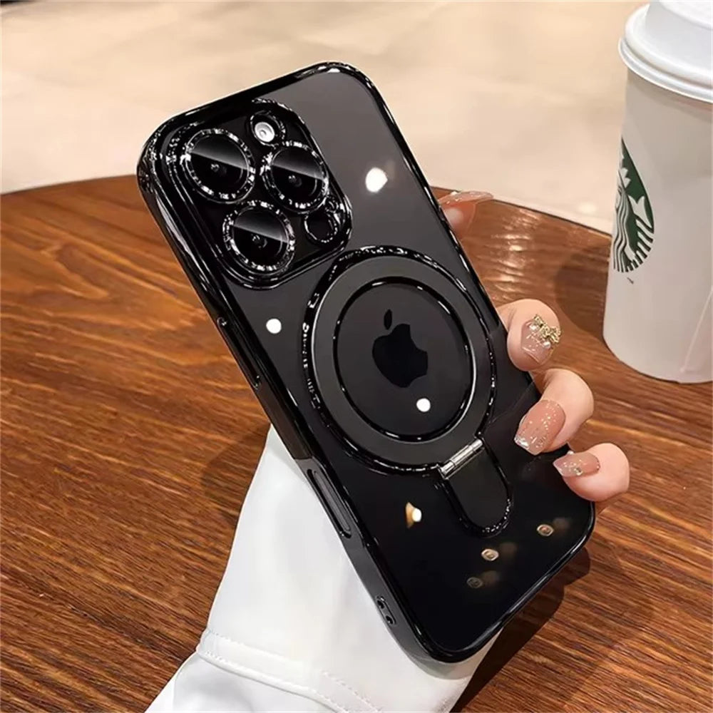 Luxury For Magsafe Bracket Case For iPhone 16 17 15 14 13 12 11 Pro Max 16 Plus Magnetic Ring Stand Holder Clear Acrylic Cover