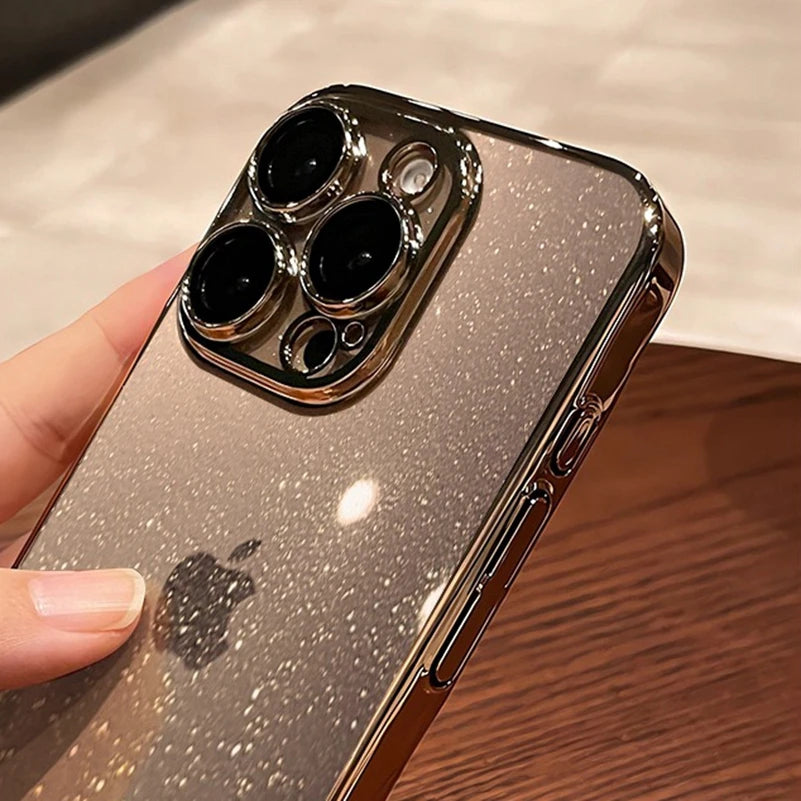 Luxury Glitter Transparent  PC Plating Case for iPhone 17 16 15 14 Pro Max Plus 13 11 12 Bling Clear Shockproof Ultra Slim Cover