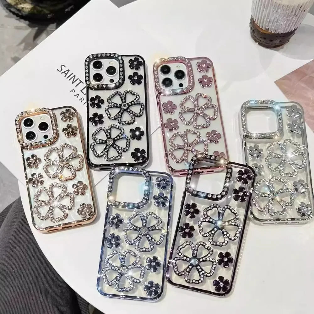 Glitter Diamond Flower Plating Case for iPhone 16 15 14 Pro Max 12 13 11 X Xr Xs 7 8 Plus Bling Rhinestone Soft TPU Clear Cover