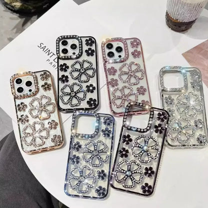 Glitter Diamond Flower Plating Case for iPhone 16 15 14 Pro Max 12 13 11 X Xr Xs 7 8 Plus Bling Rhinestone Soft TPU Clear Cover