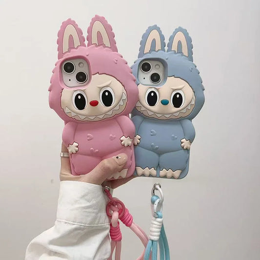 3D Cartoon Kawaii Monster Rabbit Soft Silicone Phone Case For iPhone 16 15 14 Plus 13 12 11 Pro Max 16promax With Lanyard Cover