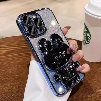 Glitter Gradient Plating Rabbit Mirror With Holder Case For iPhone 16 11 12 13 14 Plus 15 Pro Max Lens Protection Soft TPU Cover