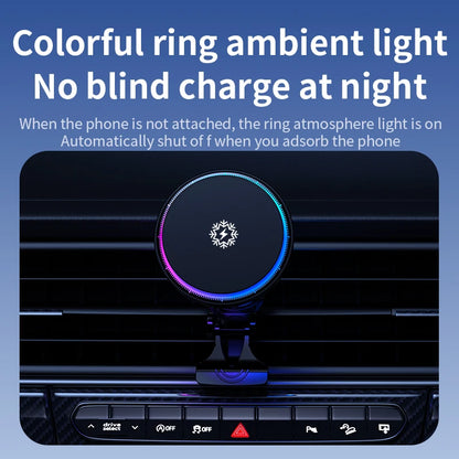 Ice Cooling RGB Magnetic Wireless Car Charger Fast Charging Station For Magsafe iPhone 16 15 14 13 12 Pro Max Phone Holder Stand