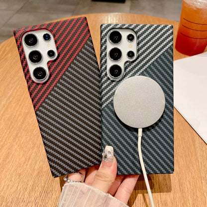 Carbon Fiber Texture Armor Magnetic For Magsafe Case For Samsung S25 S24 S23 S22 Note 20 Ultra 10 Plus A56 A16 A55 Hard PC Cover
