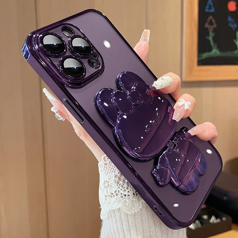 Glitter Gradient Plating Rabbit Mirror With Holder Case For iPhone 16 11 12 13 14 Plus 15 Pro Max Lens Protection Soft TPU Cover