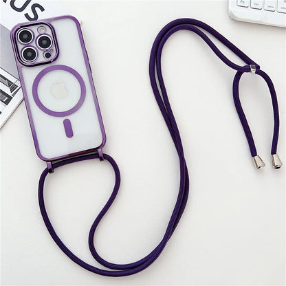 Luxury Necklace Cord Rope Lanyard Plating Magnetic Clear Phone Case For iPhone 16 14 11 12 13 15 17 Pro Max For Magsafe Cover