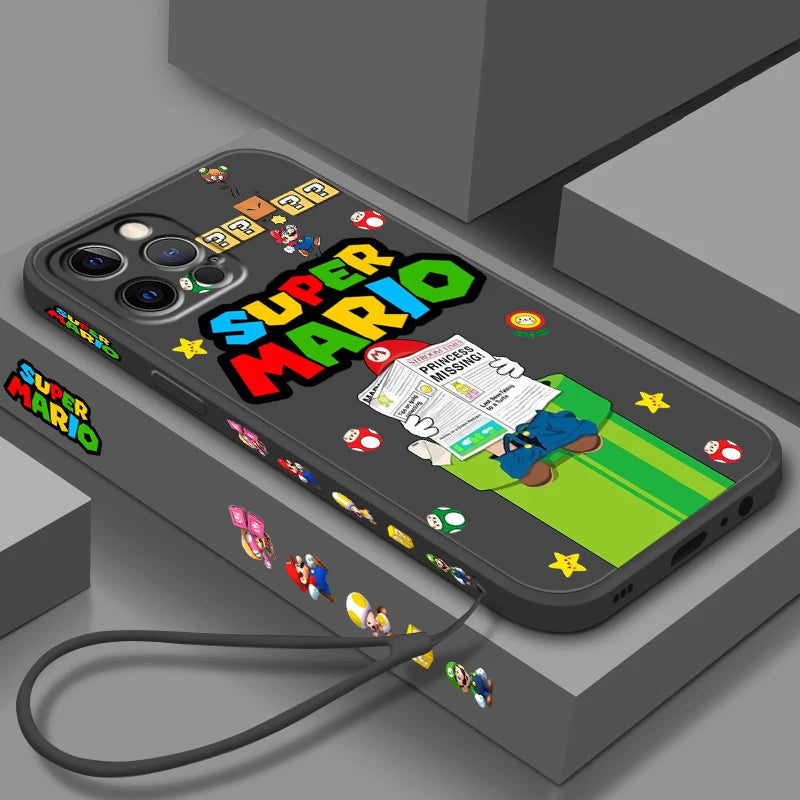 S-Super M-Marios B-Bros Cute Liquid Left Rope For Apple iPhone 15 14 13 12 11 XS XR X 8 7 SE Pro Max Plus Mini Funda Phone Case