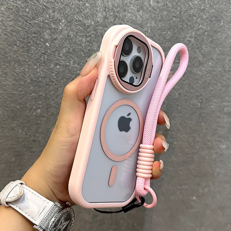 Fold Glass Lens Stand Magnetic Transparent Case For iPhone 17 16 15 14 13 12 11 Pro Max For Magsafe Wrist Strap Shockproof Cover