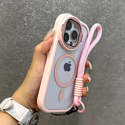 Fold Glass Lens Stand Magnetic Transparent Case For iPhone 17 16 15 14 13 12 11 Pro Max For Magsafe Wrist Strap Shockproof Cover