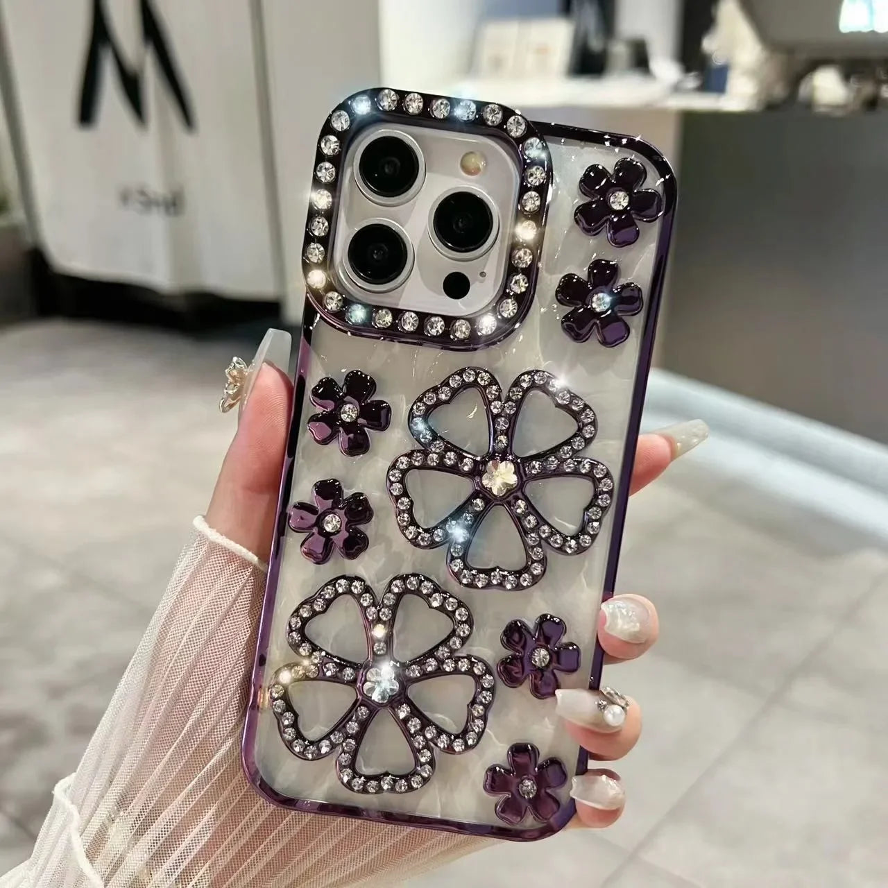 Glitter Diamond Flower Plating Case for iPhone 16 15 14 Pro Max 12 13 11 X Xr Xs 7 8 Plus Bling Rhinestone Soft TPU Clear Cover