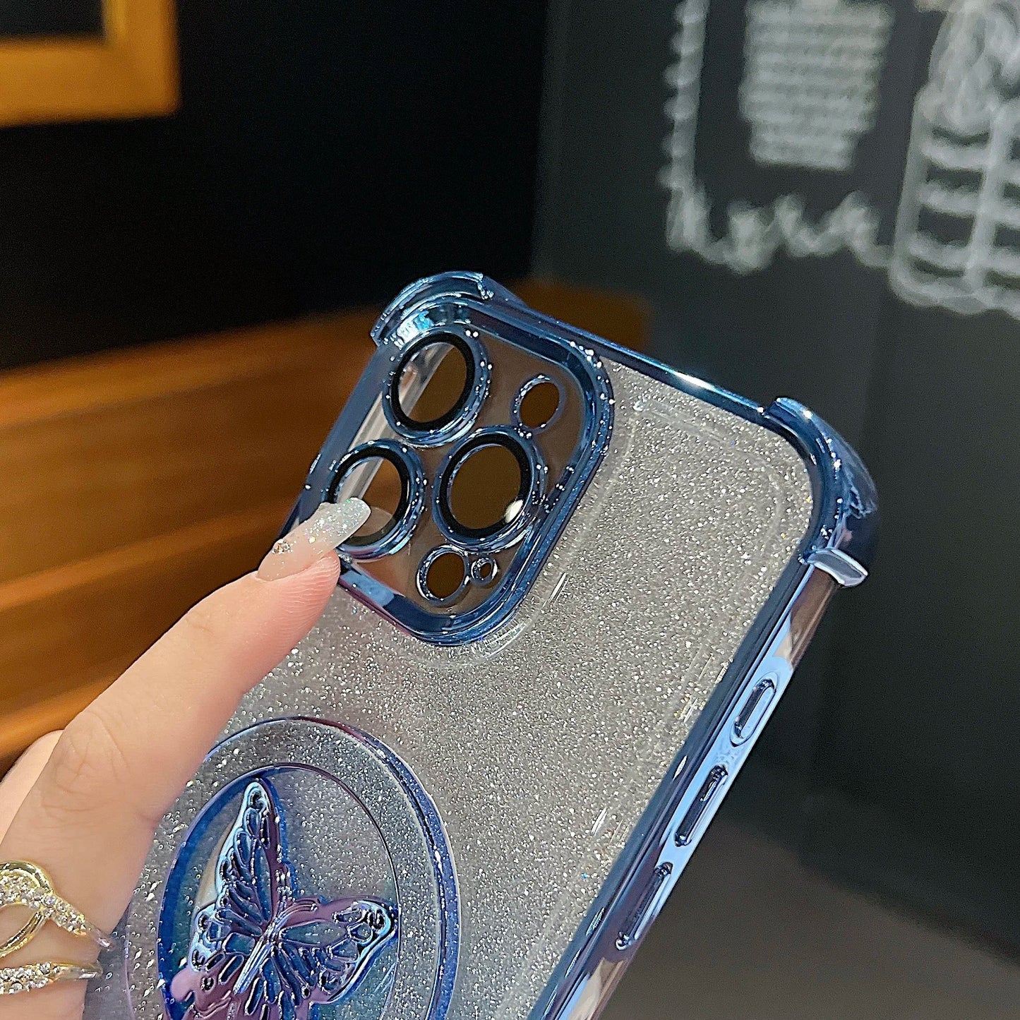 Luxury Butterfly Glitter Holder With Lens Film Phone Case For iPhone 11 12 13 14 15 16 Pro Max Plus Four Corner Anti Fall Cover