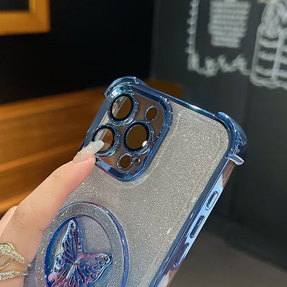 Luxury Butterfly Glitter Holder With Lens Film Phone Case For iPhone 11 12 13 14 15 16 Pro Max Plus Four Corner Anti Fall Cover