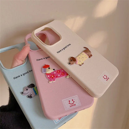 Korean Cute Cartoon Dachshund Litchi Pattern Phone Case For iPhone 15 14 13 12 16 Pro Max 11 Lovely Shockproof Soft Cover Funda
