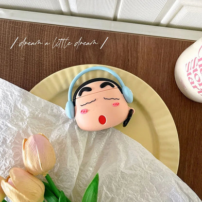 For Airpods 1 2 3 4 Pro Pro 2 Cartoon CrayonShin-chan Listen To Music Silicone Earphone Case Accessories Cover