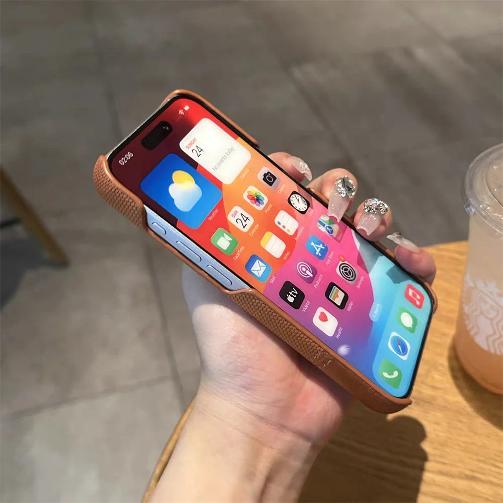 Luxury PU Leather Sew On Nylon Fabric Case For iPhone 16 15 14 13 12 Pro Max Plus Frameless Breathable Non-slip Shockproof Cover