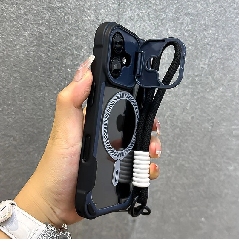 Luxury Magsafe Transparent With Lanyard Phone Case For iPhone 11 12 13 14 15 16 Pro Max Plus Magnetic Bumper Back Cover