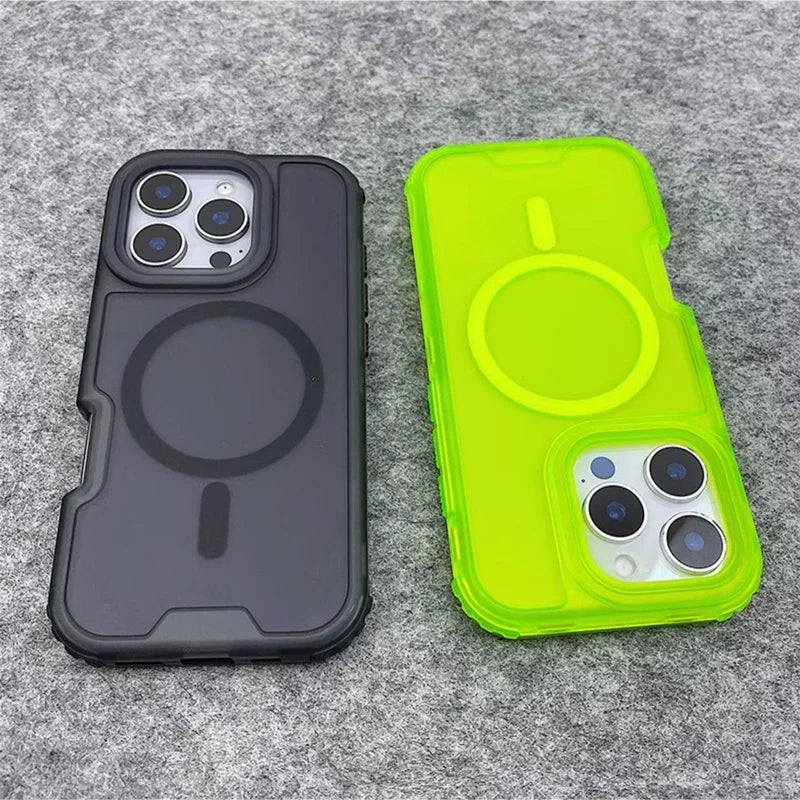 Neon Color Bumper Shockproof MagSafe Phone Case For iPhone 16 16pro max 14 15 Pro 13 11 12 Wireless Charging Frosted Armor Cover