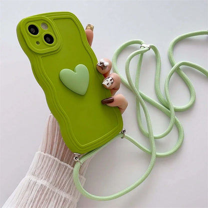 Luxury Crossbody Necklace Lanyard 3D Love Heart Wave Border Soft Case For iPhone 16 15 14 Pro Max 13 12 11 X XS XR 7 Plus Cover
