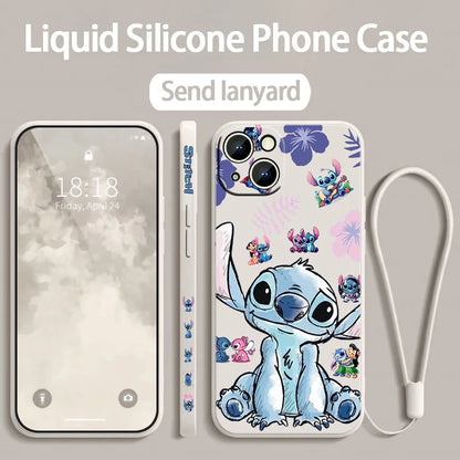 Stitch LOVE Flowers Cover For Apple iPhone 16 15 14 13 12 11 8 7 Pro mini Max Plus Liquid Left Rope Soft Phone Case