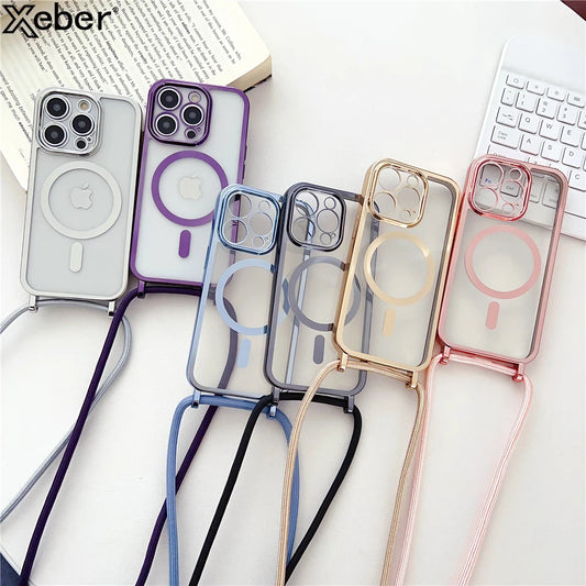Luxury Necklace Cord Rope Lanyard Plating Magnetic Clear Phone Case For iPhone 16 14 11 12 13 15 17 Pro Max For Magsafe Cover
