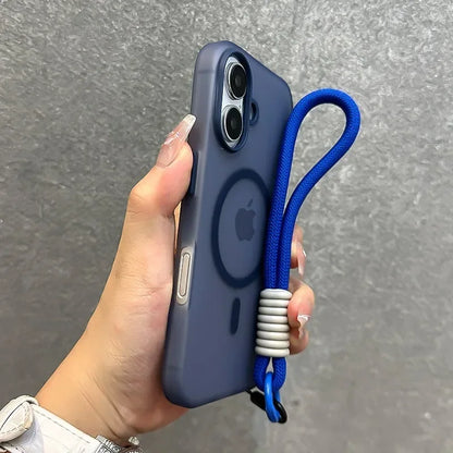 for Magsafe Candy Color Contrast Lanyard Case for iPhone 16 15 17 Pro Max 14 Plus 11 12 13 16e Hand Wrist Strap Matte Soft Cover