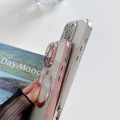 Plating Clear Magnetic For Magsafe Wireless Charging Cases For iPhone 16 15 14 17 12 13 Pro Max Crossbody Lanyard Necklace Cover