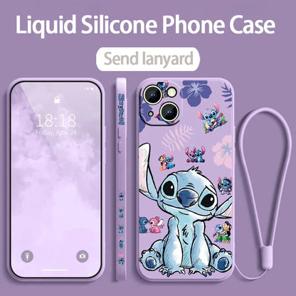 Stitch LOVE Flowers Cover For Apple iPhone 16 15 14 13 12 11 8 7 Pro mini Max Plus Liquid Left Rope Soft Phone Case