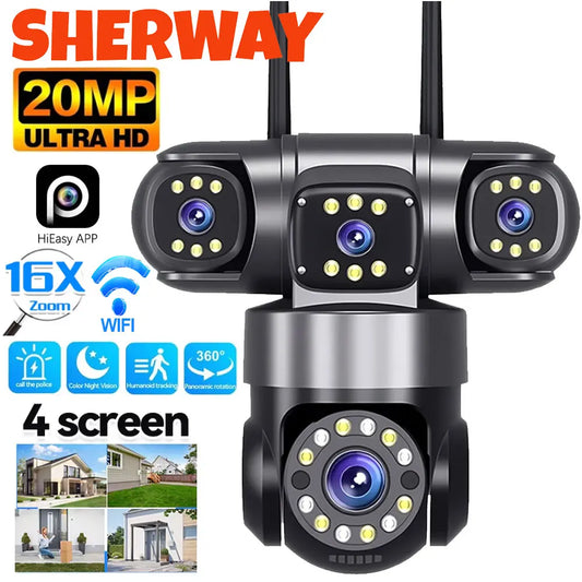 10K 20MP Home Security Outdoor WiFi Camera 4 Lens 4 Screen 360° 16X Zoom CCTV Wireless Surveillance PTZ Cam Security Protection