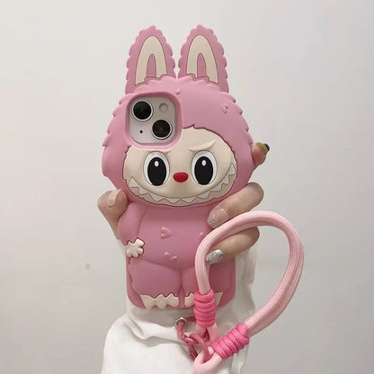 3D Cartoon Kawaii Monster Rabbit Soft Silicone Phone Case For iPhone 16 15 14 Plus 13 12 11 Pro Max 16promax With Lanyard Cover