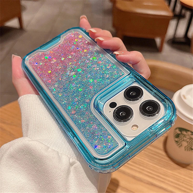 3in1 Gradient Glitter Bling Transparent Phone Case For iPhone 17 16 15 14 11 12 13 Pro Max Plus XR Heavy Shockproof Armor Cover