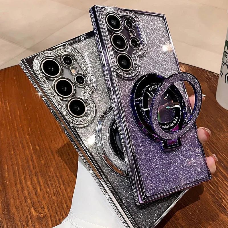 Glitter Diamond for Magsafe Bracket Case for Samsung Galaxy S25 S24 Ultra S23 S22 Plus A55 A35 A25 A24 A15 A16 Stand Bling Cover