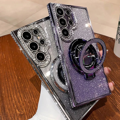 Glitter Diamond for Magsafe Bracket Case for Samsung Galaxy S25 S24 Ultra S23 S22 Plus A55 A35 A25 A24 A15 A16 Stand Bling Cover