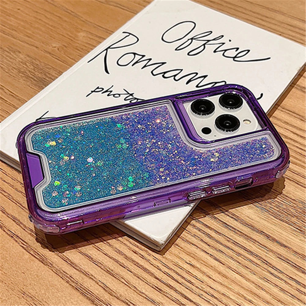 3in1 Gradient Glitter Bling Transparent Phone Case For iPhone 17 16 15 14 11 12 13 Pro Max Plus XR Heavy Shockproof Armor Cover