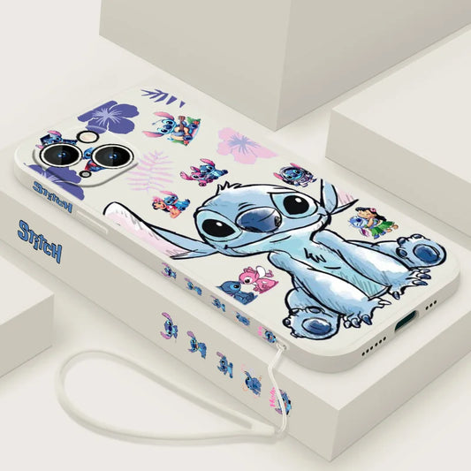 Stitch LOVE Flowers Cover For Apple iPhone 16 15 14 13 12 11 8 7 Pro mini Max Plus Liquid Left Rope Soft Phone Case