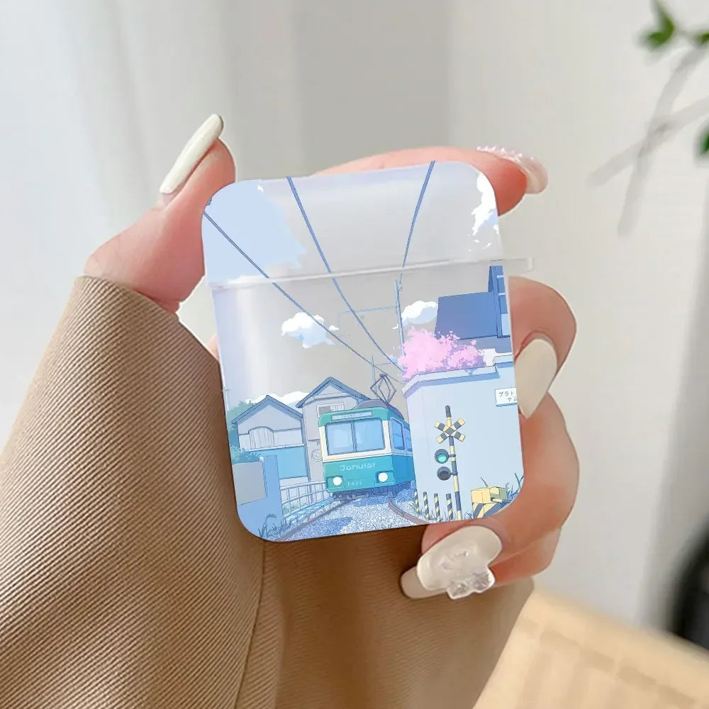 Korean Anime Sunset Scenery Print Earphone Case For Apple Air Pro 3 Transparent Cute Cover Soft Coque Airpods 2 1 4th Accessorie
