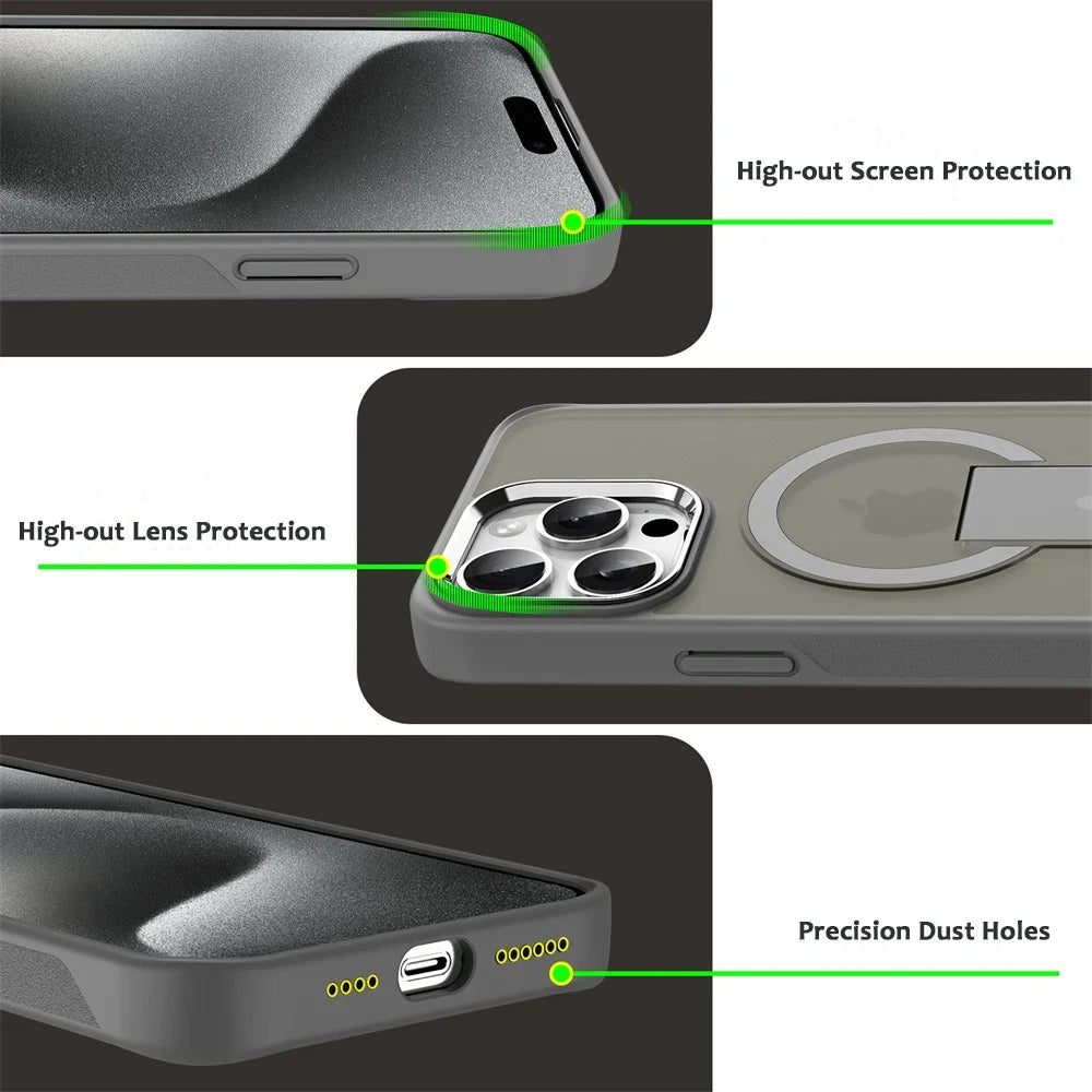 Luxury For Magsafe Folding Stand Magnetic Phone Case For iPhone 16 15 14 13 12 17 Pro Max Plus Matte Translucent Back Cover Caps