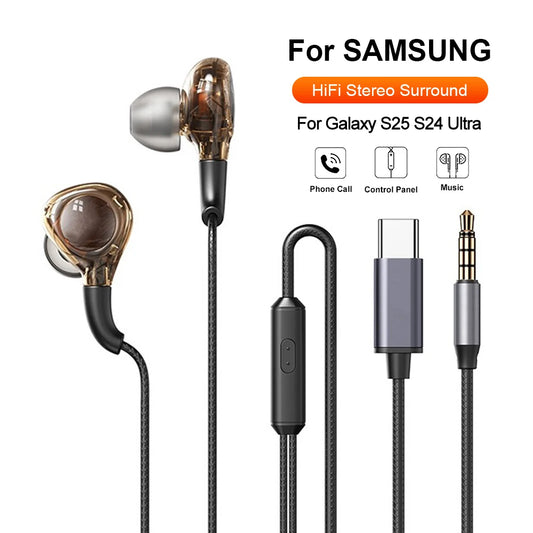 Wired Headphones HiFi Bass Stereo Earphone Type C 3.5mm With Microphone Headset For Samsung Galaxy S24 S23 S22 S21 A54 A53 Ultra