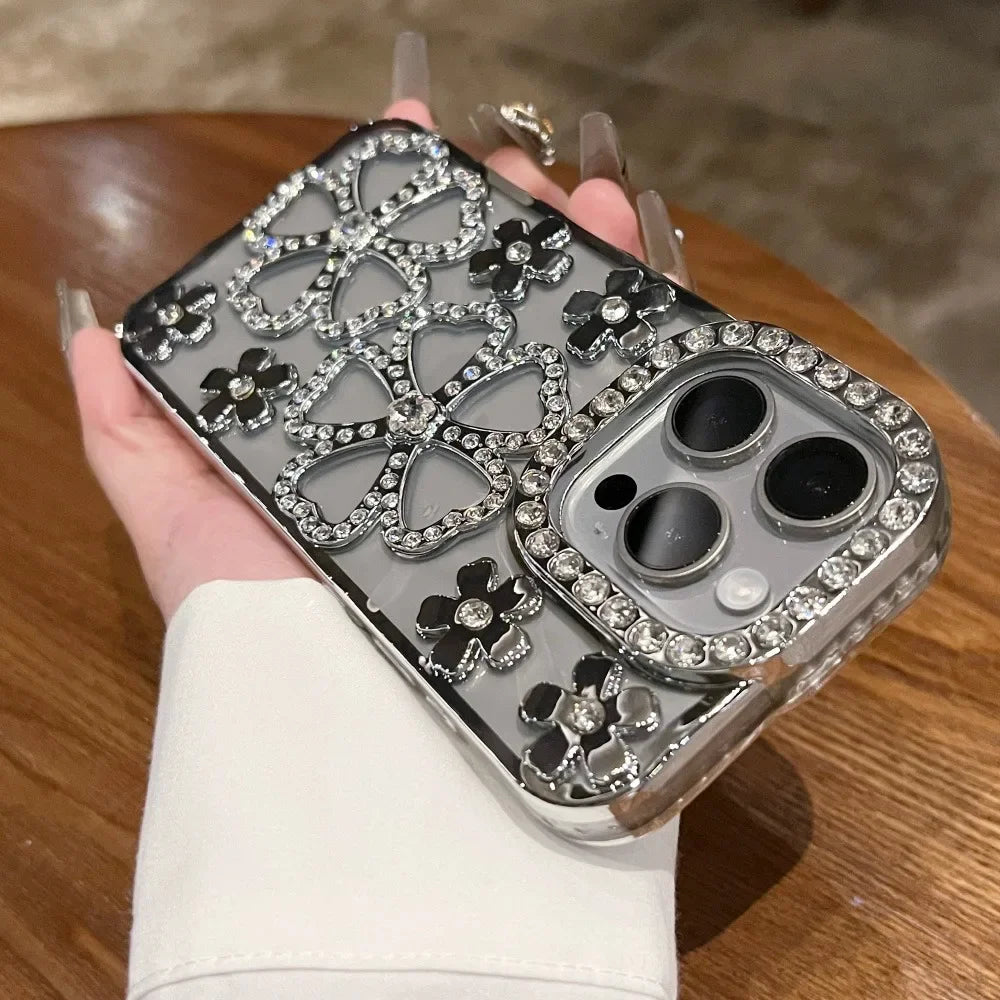 Glitter Diamond Flower Plating Case for iPhone 16 15 14 Pro Max 12 13 11 X Xr Xs 7 8 Plus Bling Rhinestone Soft TPU Clear Cover