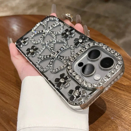 Glitter Diamond Flower Plating Case for iPhone 16 15 14 Pro Max 12 13 11 X Xr Xs 7 8 Plus Bling Rhinestone Soft TPU Clear Cover