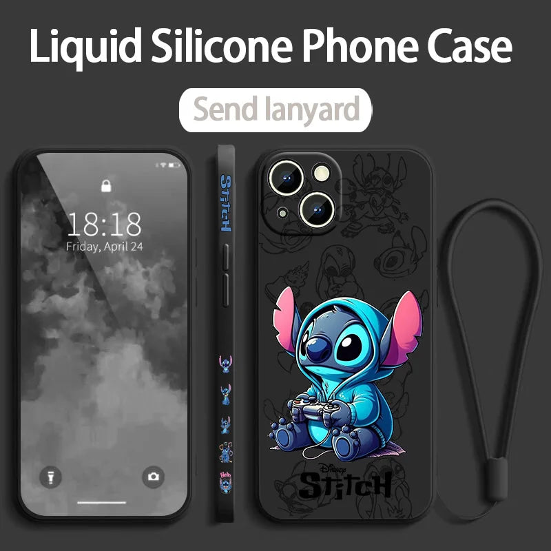 Stitch LOVE Flowers Cover For Apple iPhone 16 15 14 13 12 11 8 7 Pro mini Max Plus Liquid Left Rope Soft Phone Case